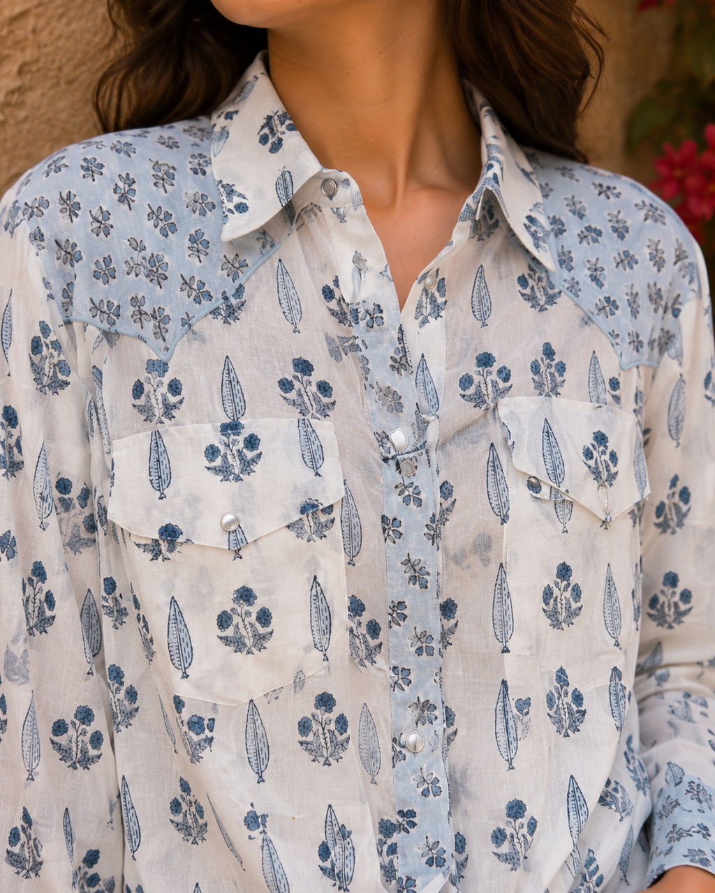 Western style woodblock printed cotton voile shirt