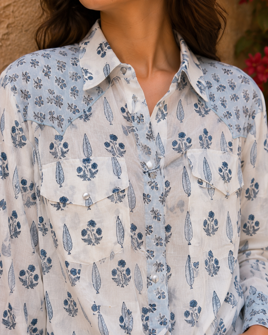 Western style woodblock printed cotton voile shirt