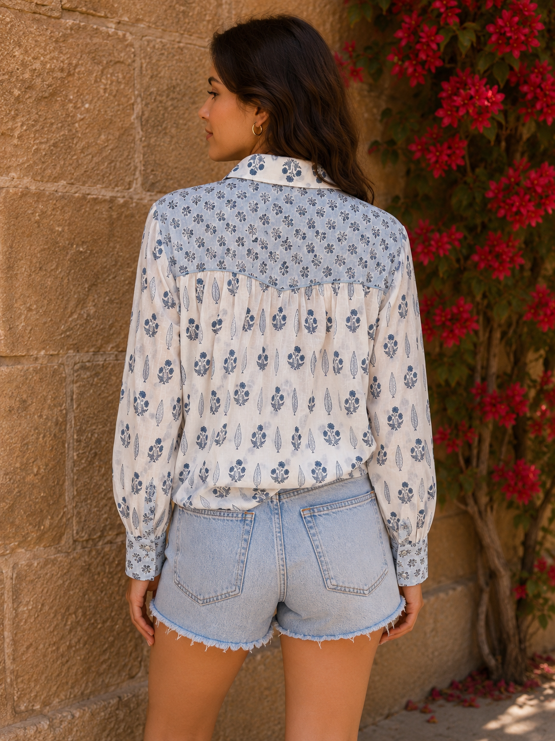 Western style woodblock printed cotton voile shirt