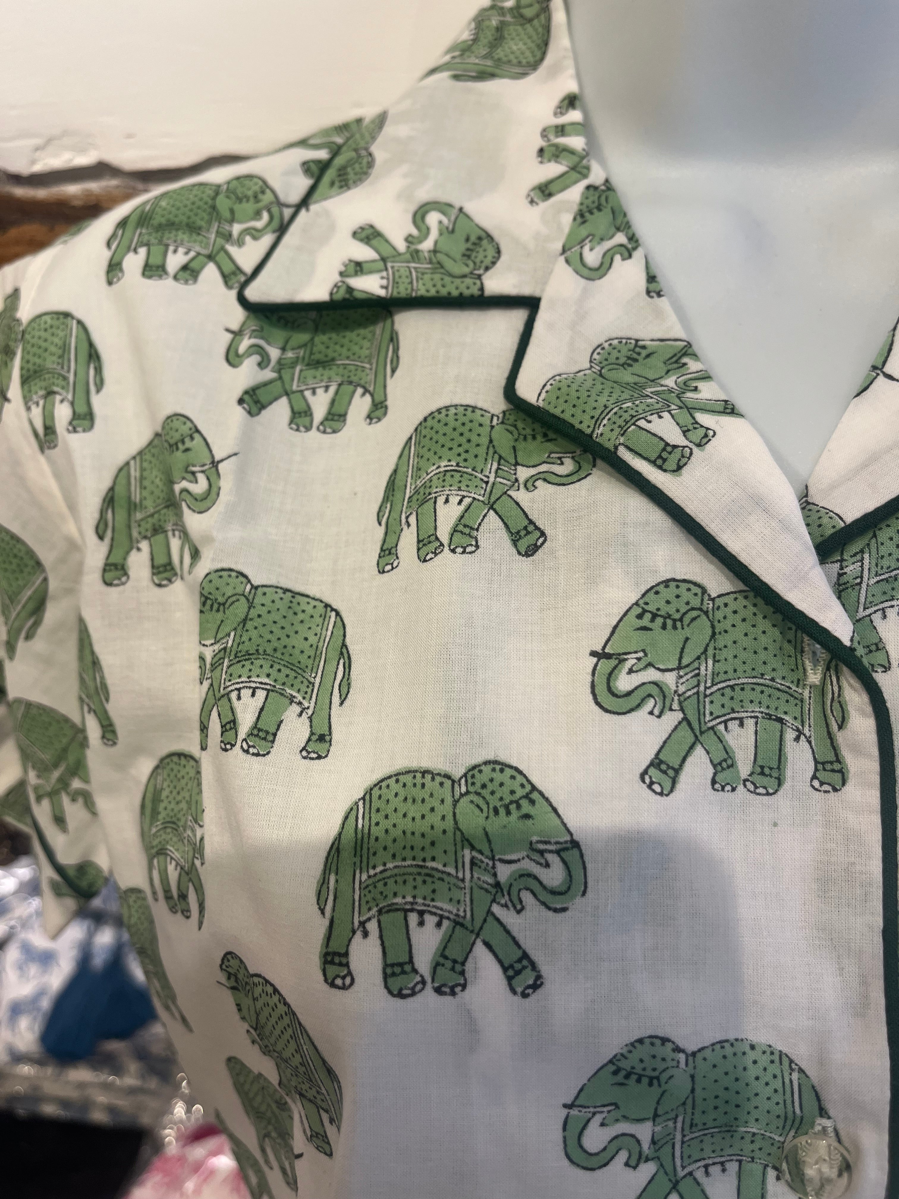 Short Sleeve Green Woodblock Elephant print pyjamas - Adul;t