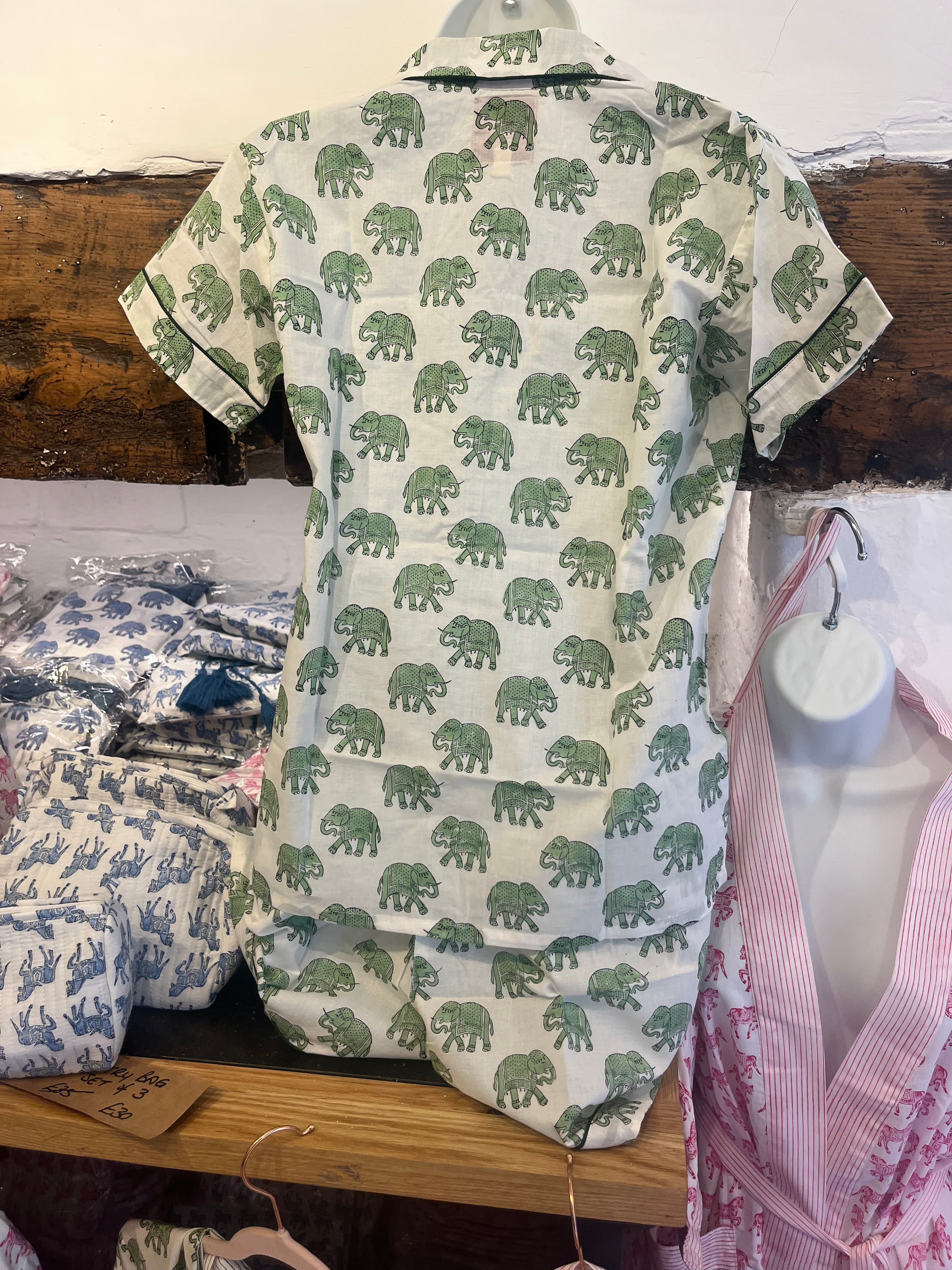 Short Sleeve Green Woodblock Elephant print pyjamas - Adul;t