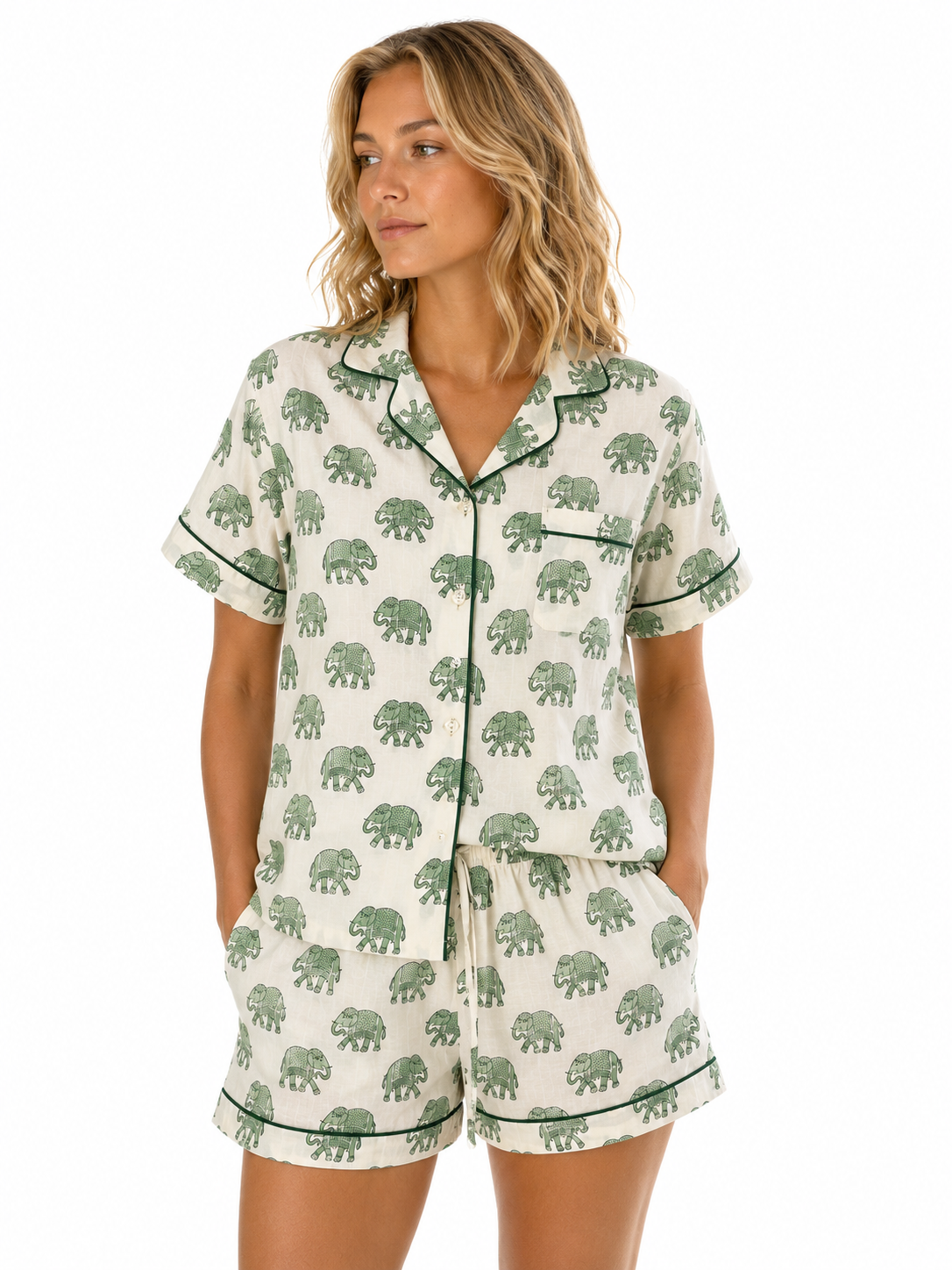 Short Sleeve Green Woodblock Elephant print pyjamas - Adul;t