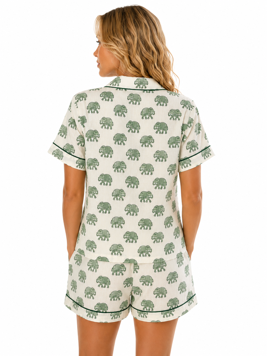 Short Sleeve Green Woodblock Elephant print pyjamas - Adul;t
