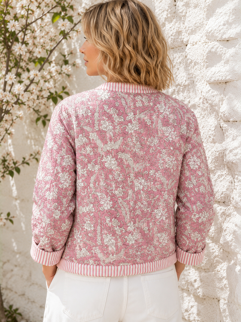 Pink Quilted Jacket in Woodblock Print with wooden buttons.