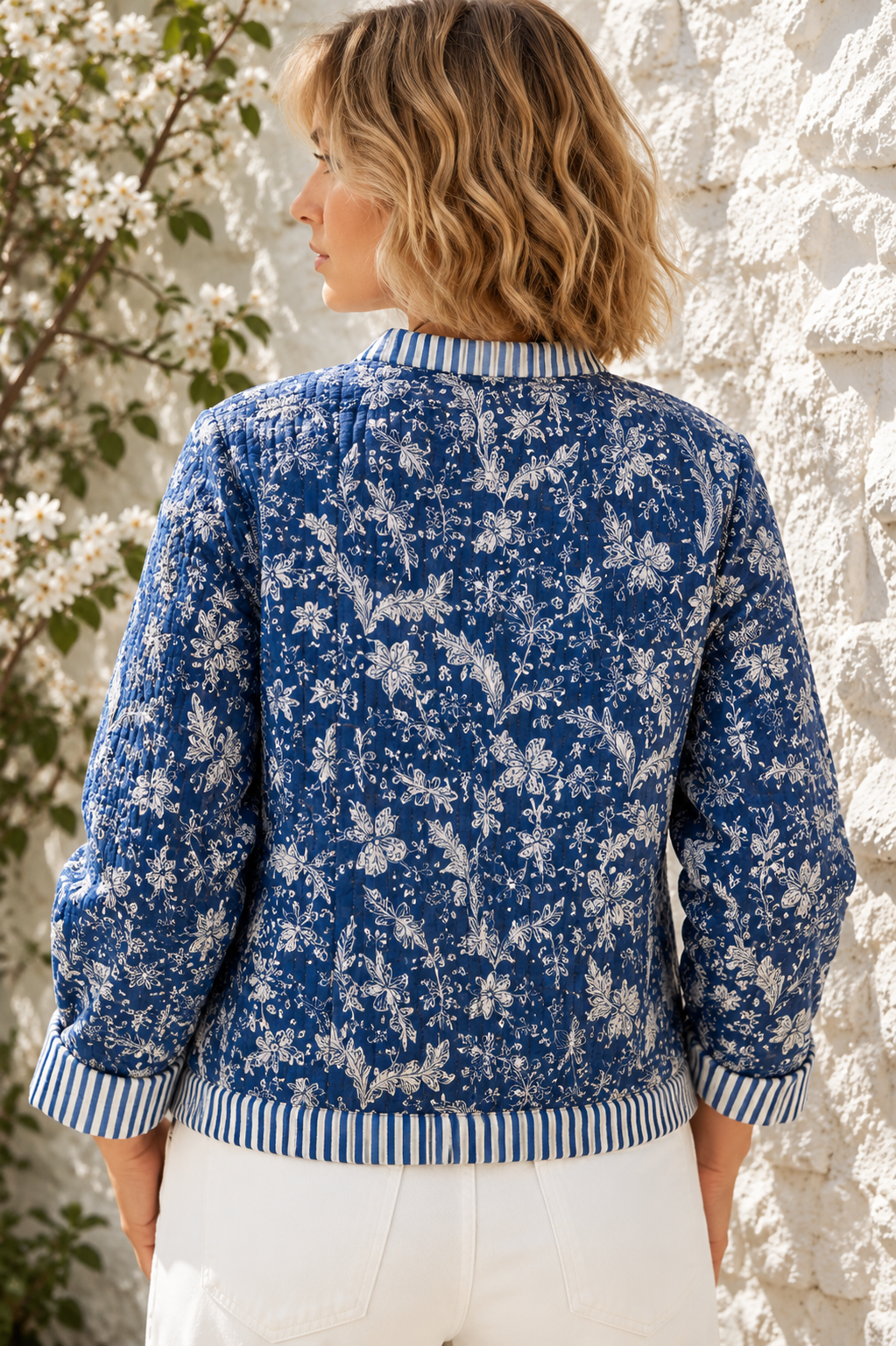 Blue Quilted Reversible Woodblock Printed Jacket With Wooden Buttons