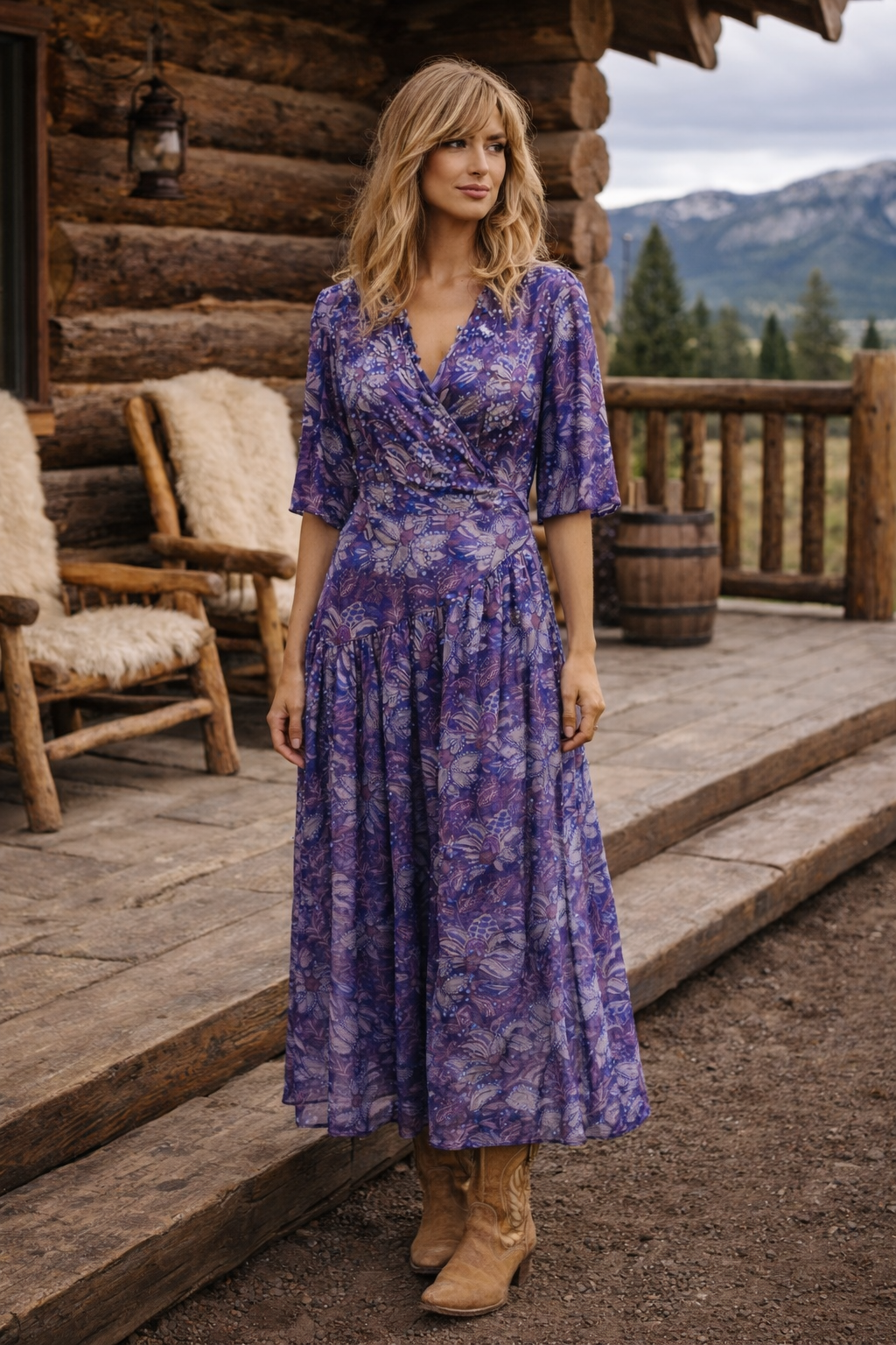 Lilian Wrap Dress - Puff sleeve wrap dress in a purple floral viscose satin, Maxi length