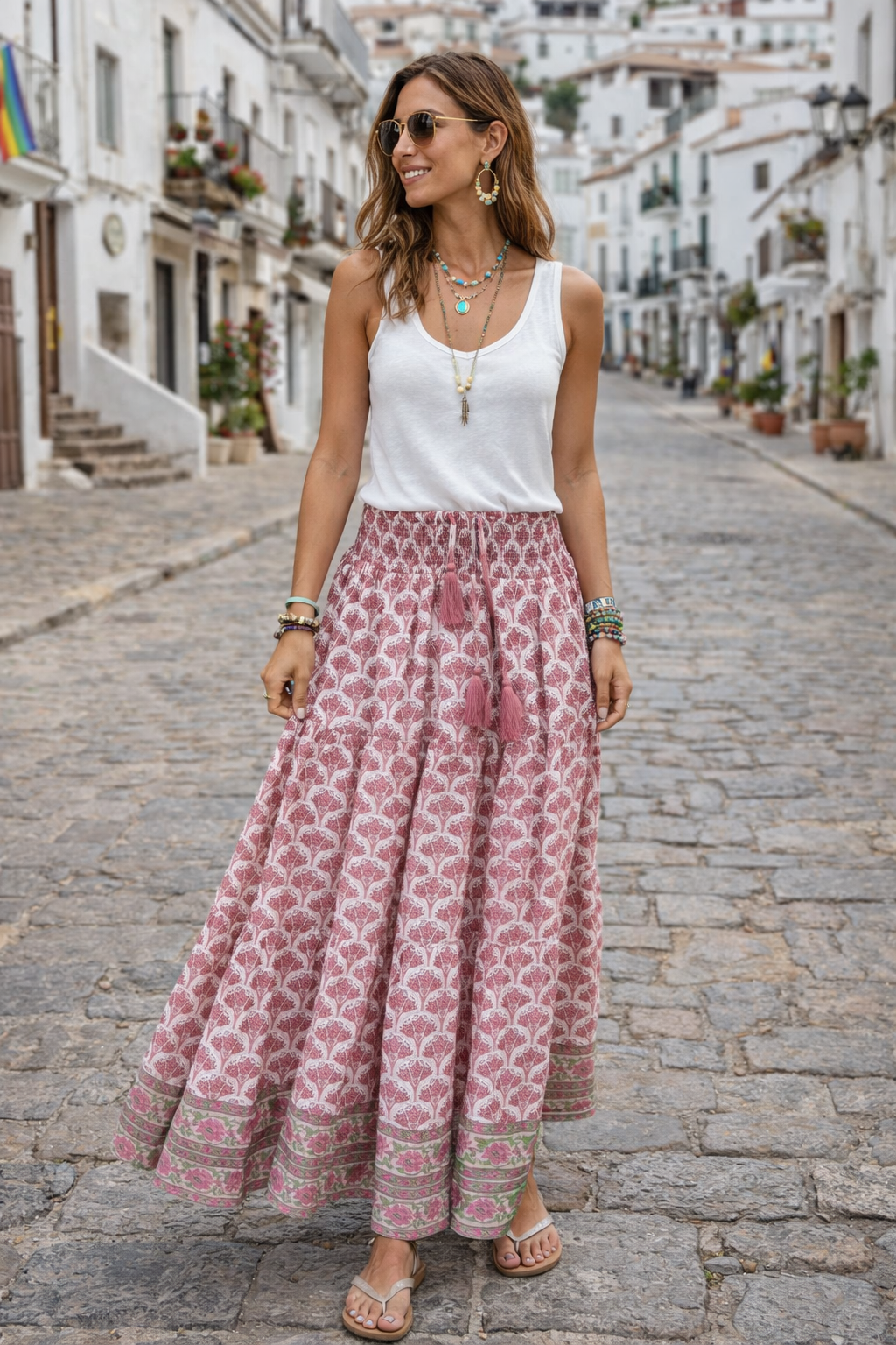 Adalyn Pink Wood blocked printed gypsy skirt long