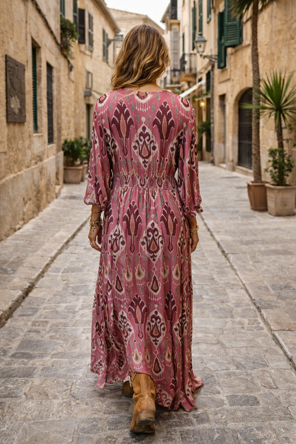 Rose Pink Aztec print satin button through maxi dress