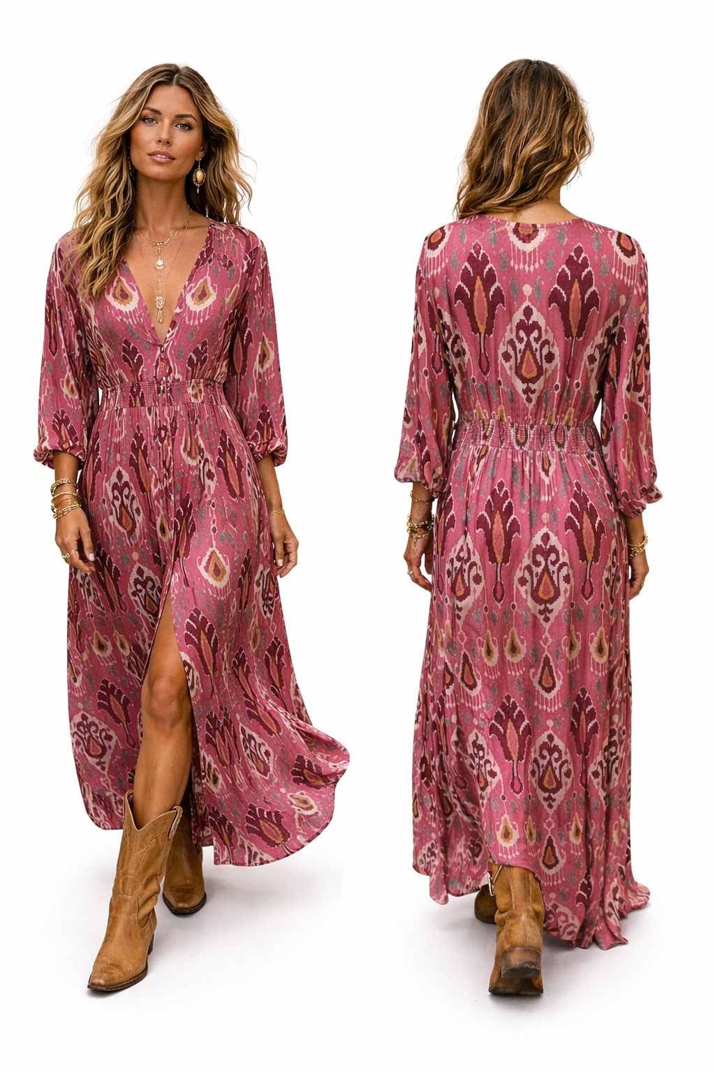 Rose Pink Aztec print satin button through maxi dress
