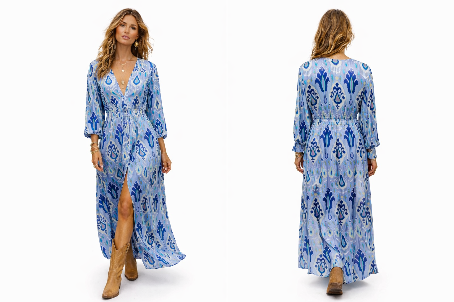 Blue Aztec print satin button through maxi dress