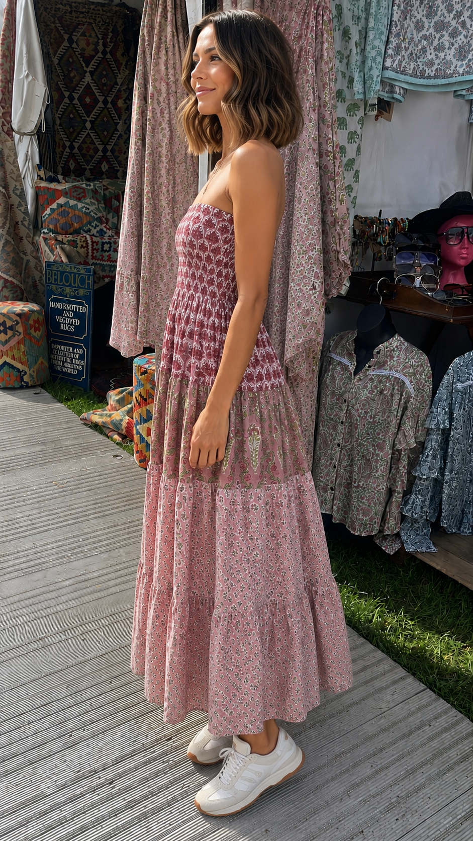 Elasticated bodice soft pinks sun dress in beautiful woodblock prints . 100 % cotton voile .