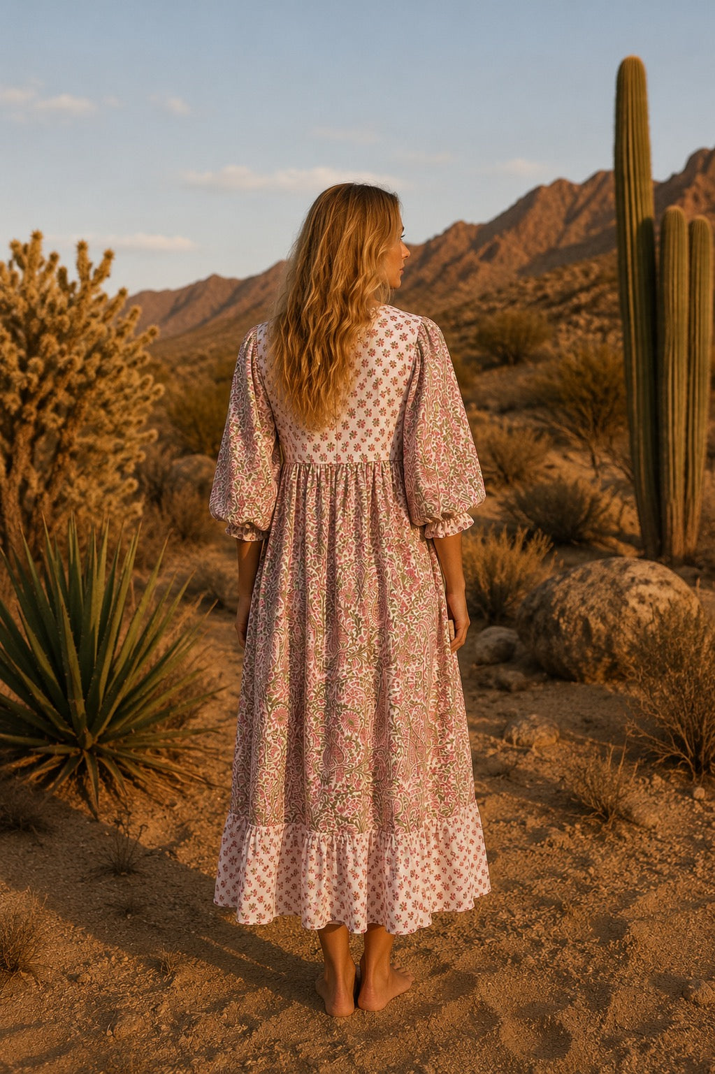 Woodblock printed midi dress in cotton voile.