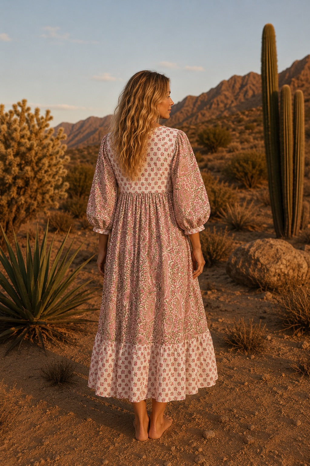 Pink Woodblock printed midi dress in cotton voile. – Soul Of Sita
