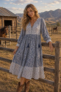 woodblock print midi dress in delicate blues - cotton voile with lining