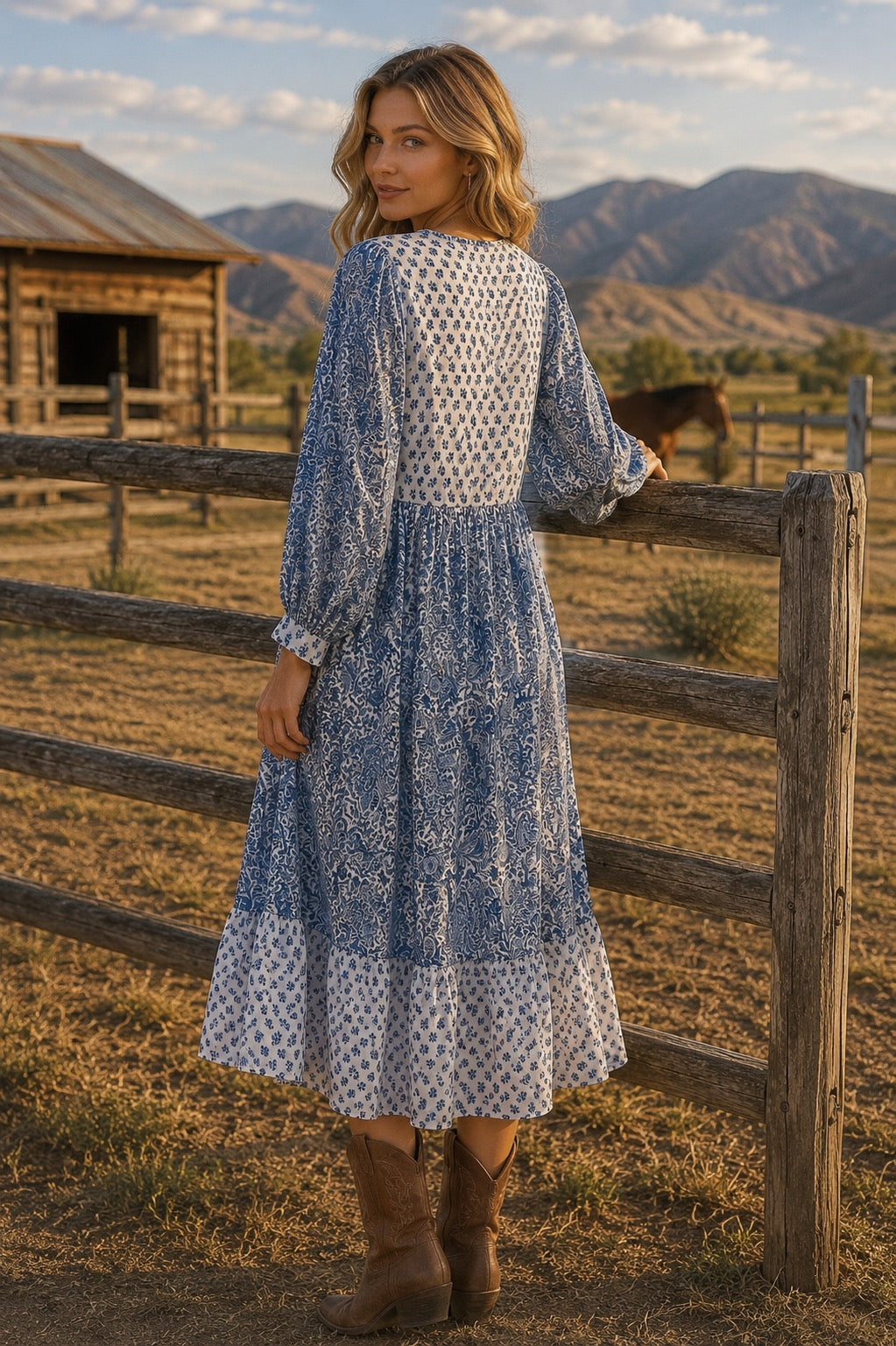 woodblock print midi dress in delicate blues - cotton voile with lining