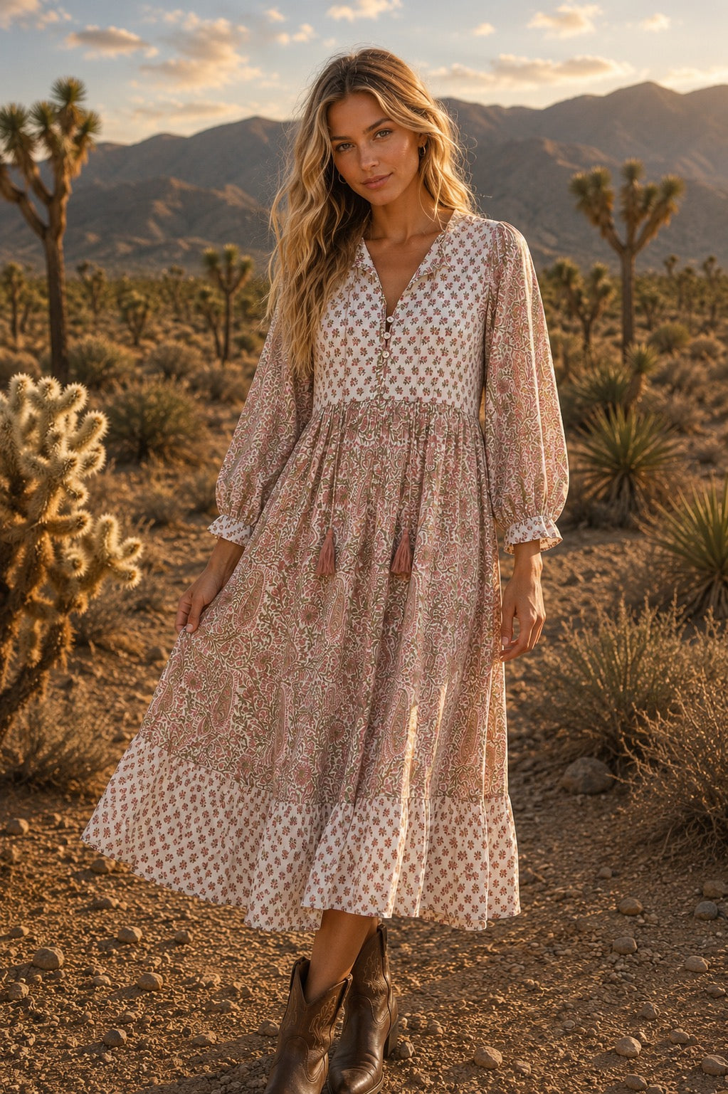 Woodblock printed midi dress in cotton voile.