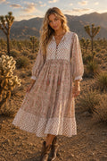 Woodblock printed midi dress in cotton voile.