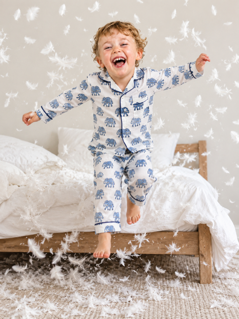 Kids Elephant print pyjamas in woodblock print cotton voile. Available in pink, blue & Green