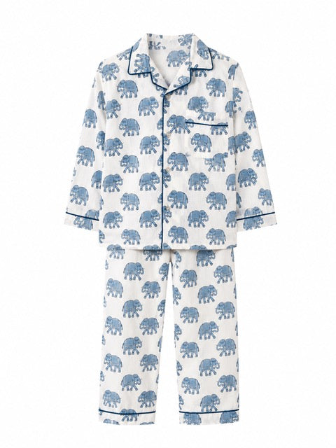 Kids Elephant print pyjamas in woodblock print cotton voile. Available in pink, blue & Green
