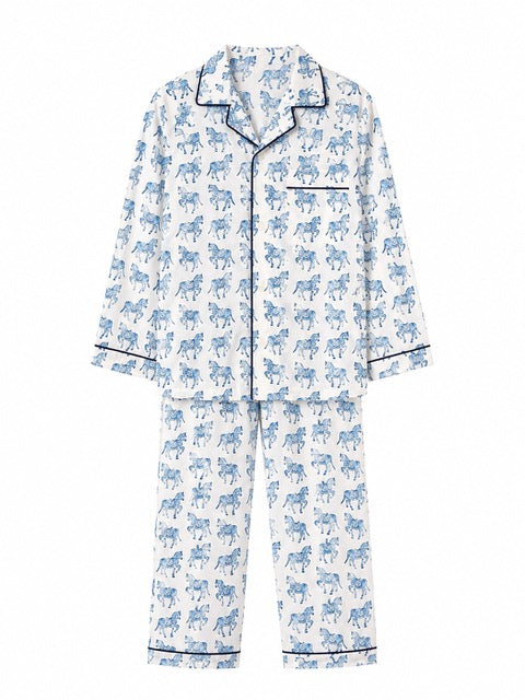 Kids horse print pyjamas in woodblock print cotton voile Available in pink and blue