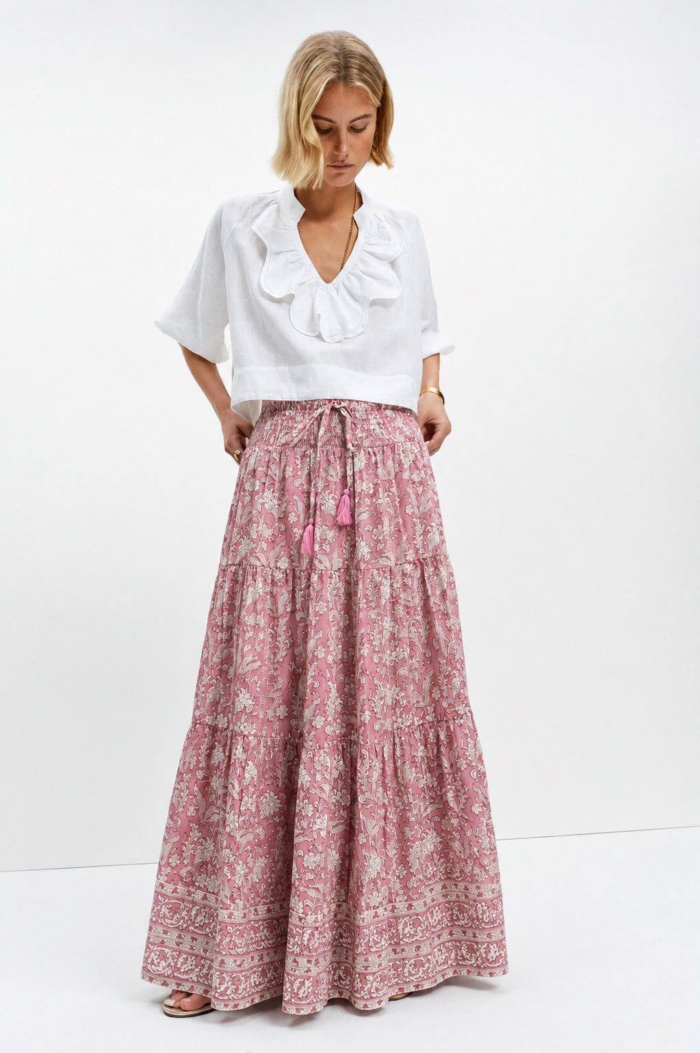 Pink Brianne woodblock printed cotton voile skirt with border