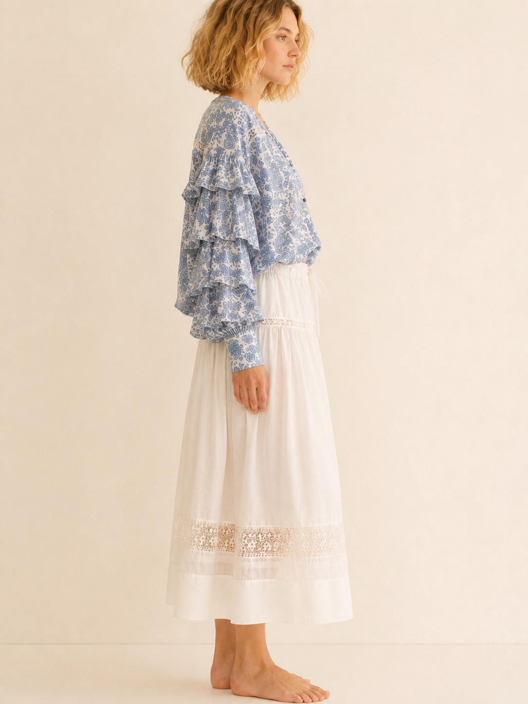 Liberty Woodblock printed frill sleeve blouse in blue paisley floral