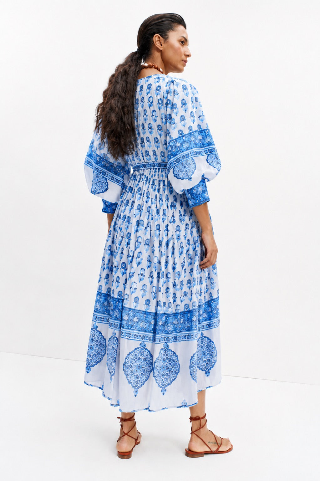 AMELIA FLOATY SLEEVE WOODBLOCK PRINTED COTTON VOILE DRESS