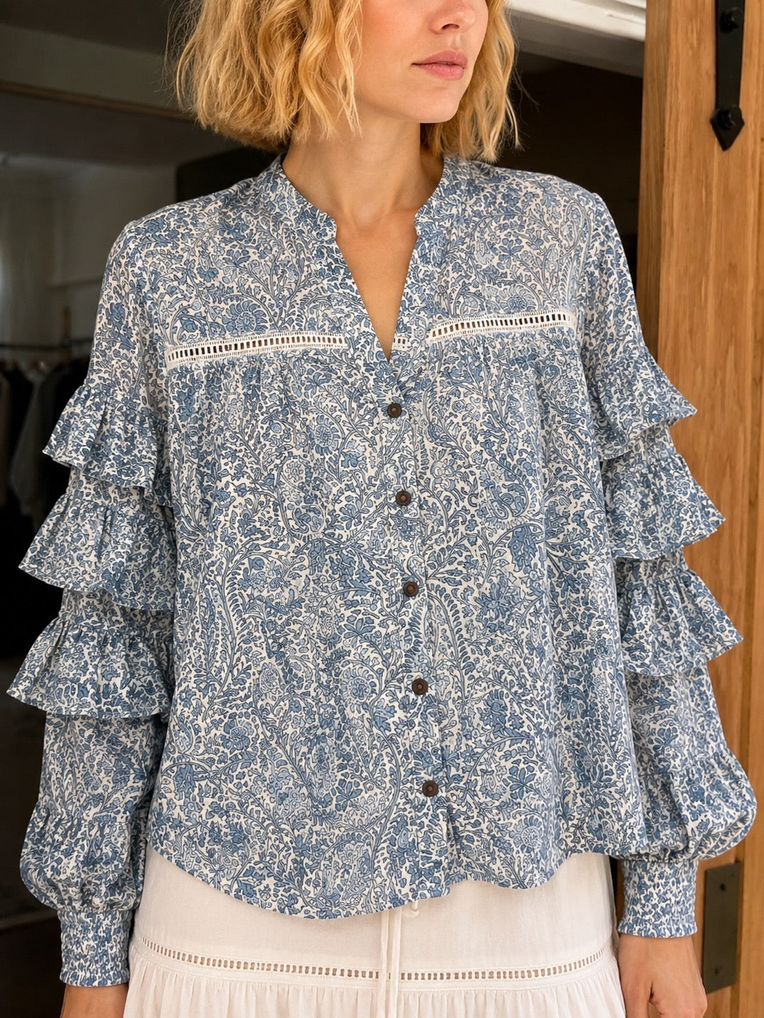 Liberty Woodblock printed frill sleeve blouse in blue paisley floral
