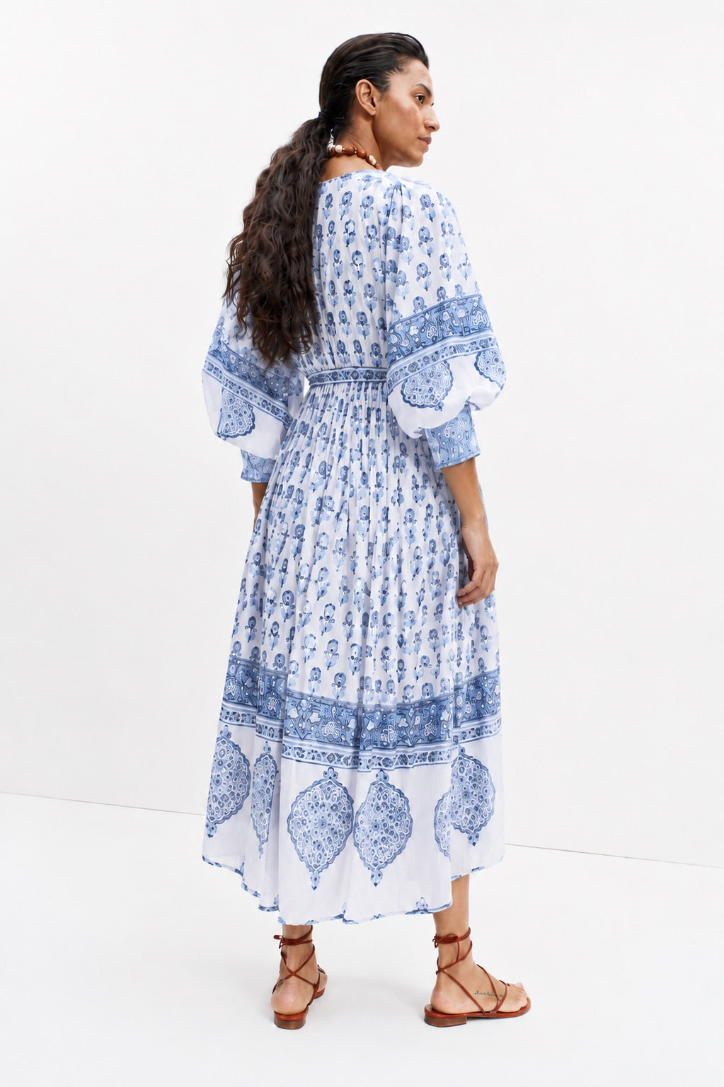 AMELIA FLOATY SLEEVE WOODBLOCK PRINTED COTTON VOILE DRESS