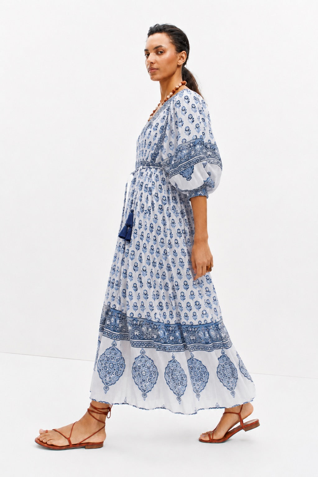 AMELIA FLOATY SLEEVE WOODBLOCK PRINTED COTTON VOILE DRESS
