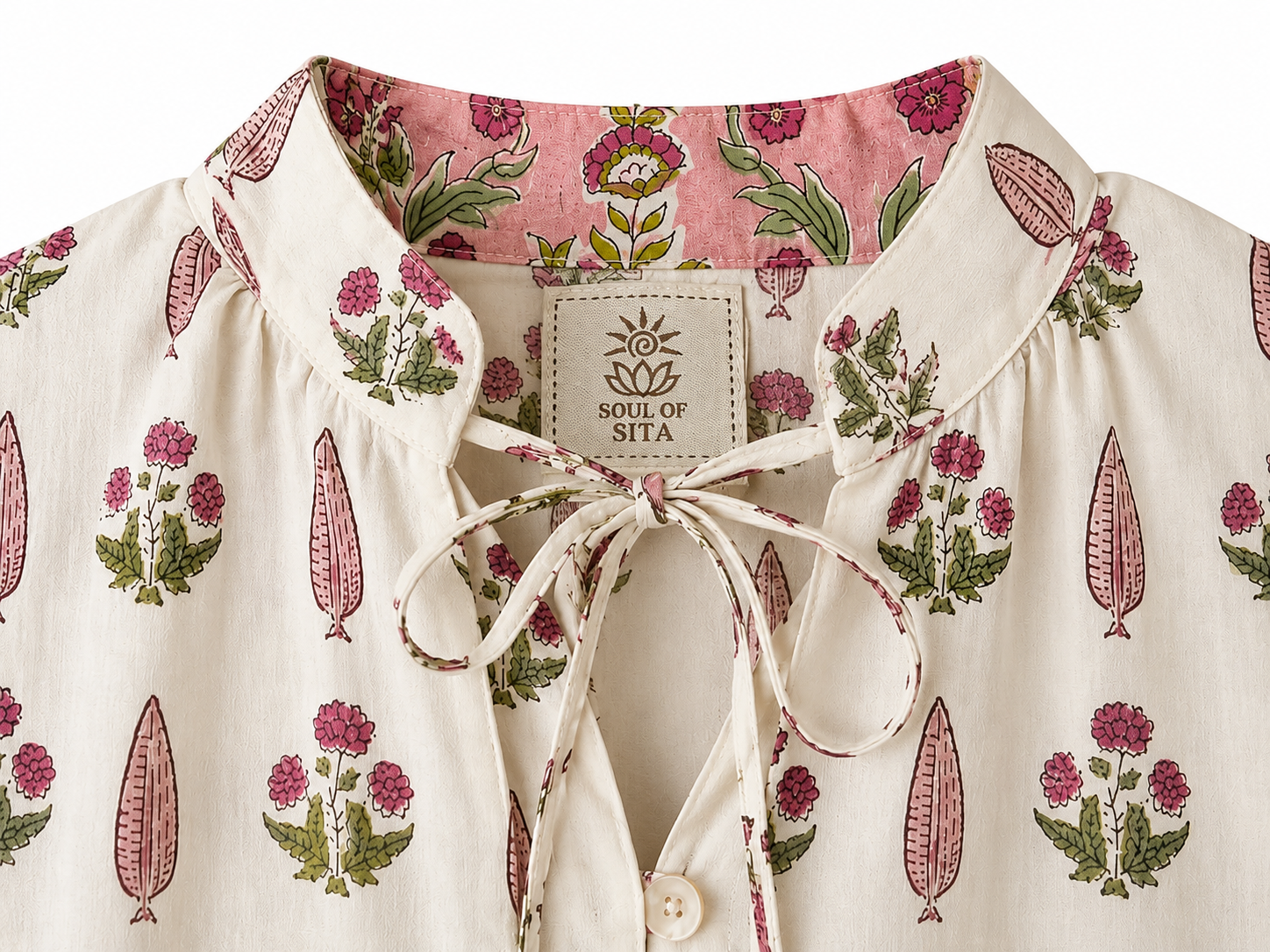 Lalita Cream Woodblock print maxi dress 100% cotton, side pockets and border print hem
