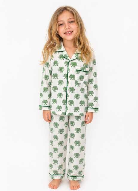Kids Elephant print pyjamas in woodblock print cotton voile. Available in pink, blue & Green