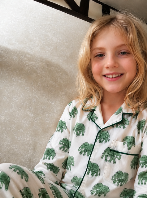 Kids Elephant print pyjamas in woodblock print cotton voile. Available in pink, blue & Green
