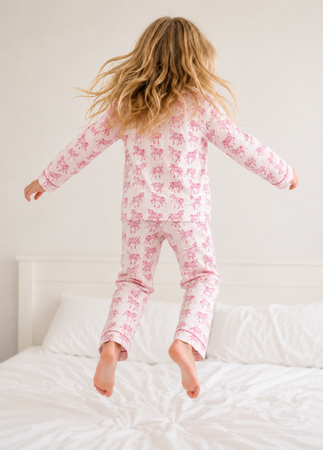 Kids horse print pyjamas in woodblock print cotton voile Available in pink and blue
