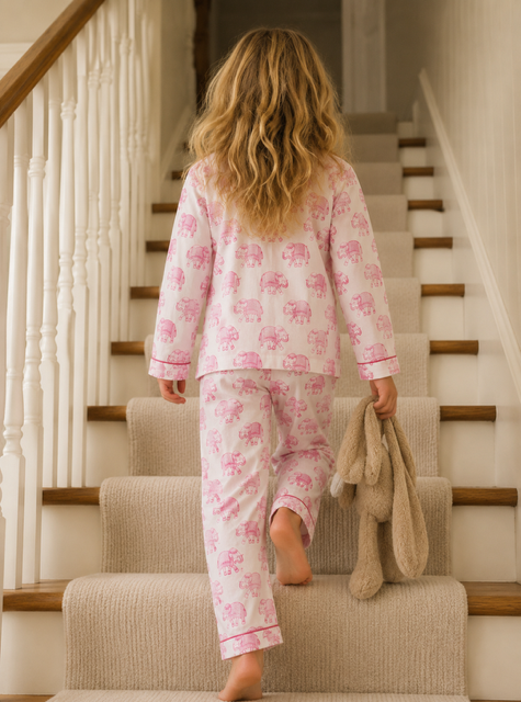 Kids Elephant print pyjamas in woodblock print cotton voile. Available in pink, blue & Green