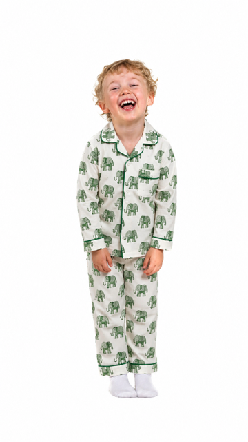 Kids Elephant print pyjamas in woodblock print cotton voile. Available in pink, blue & Green