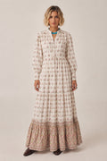 Lalita Cream Woodblock print maxi dress 100% cotton, side pockets and border print hem