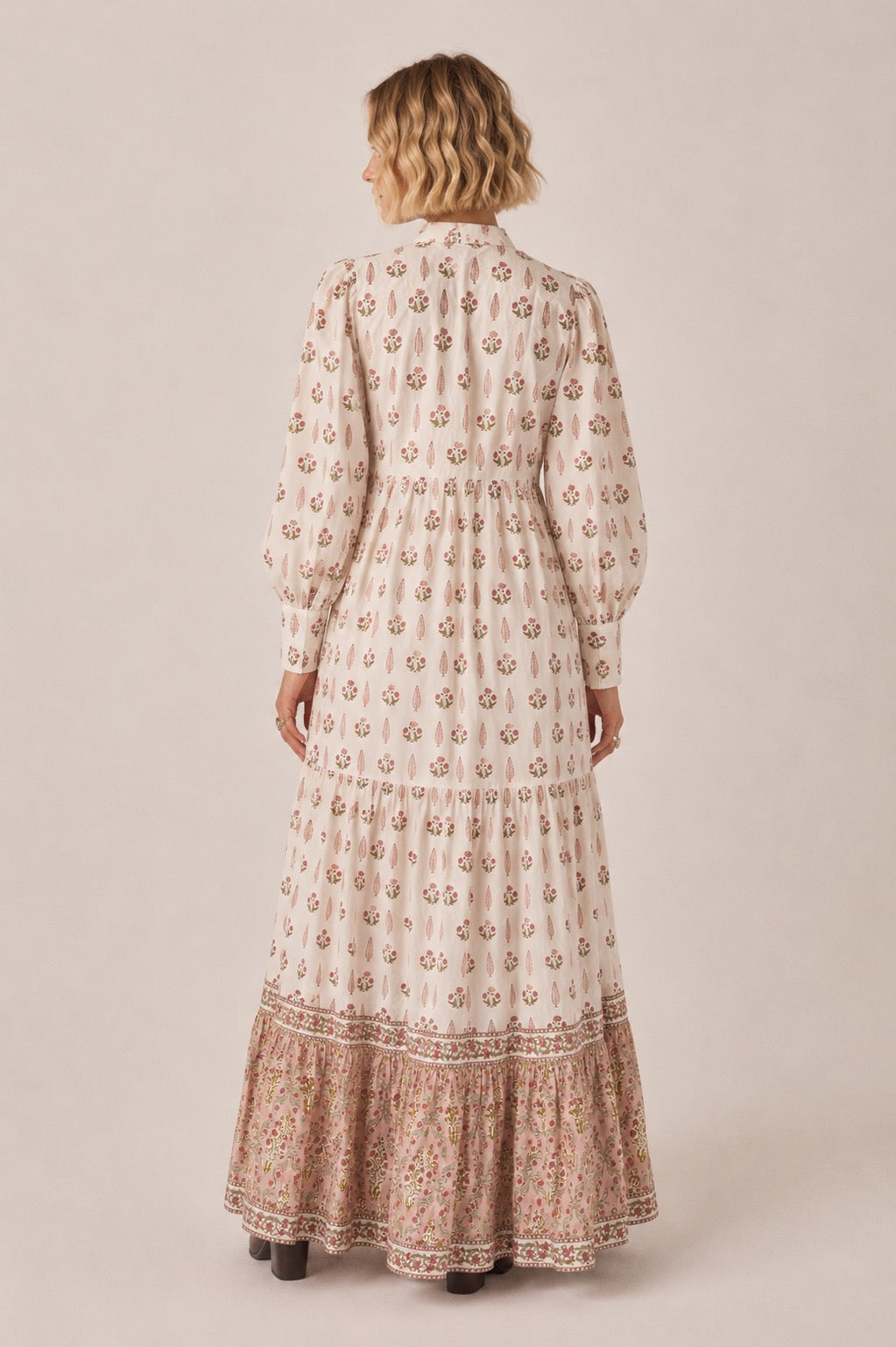 Lalita Cream Woodblock print maxi dress 100% cotton, side pockets and border print hem