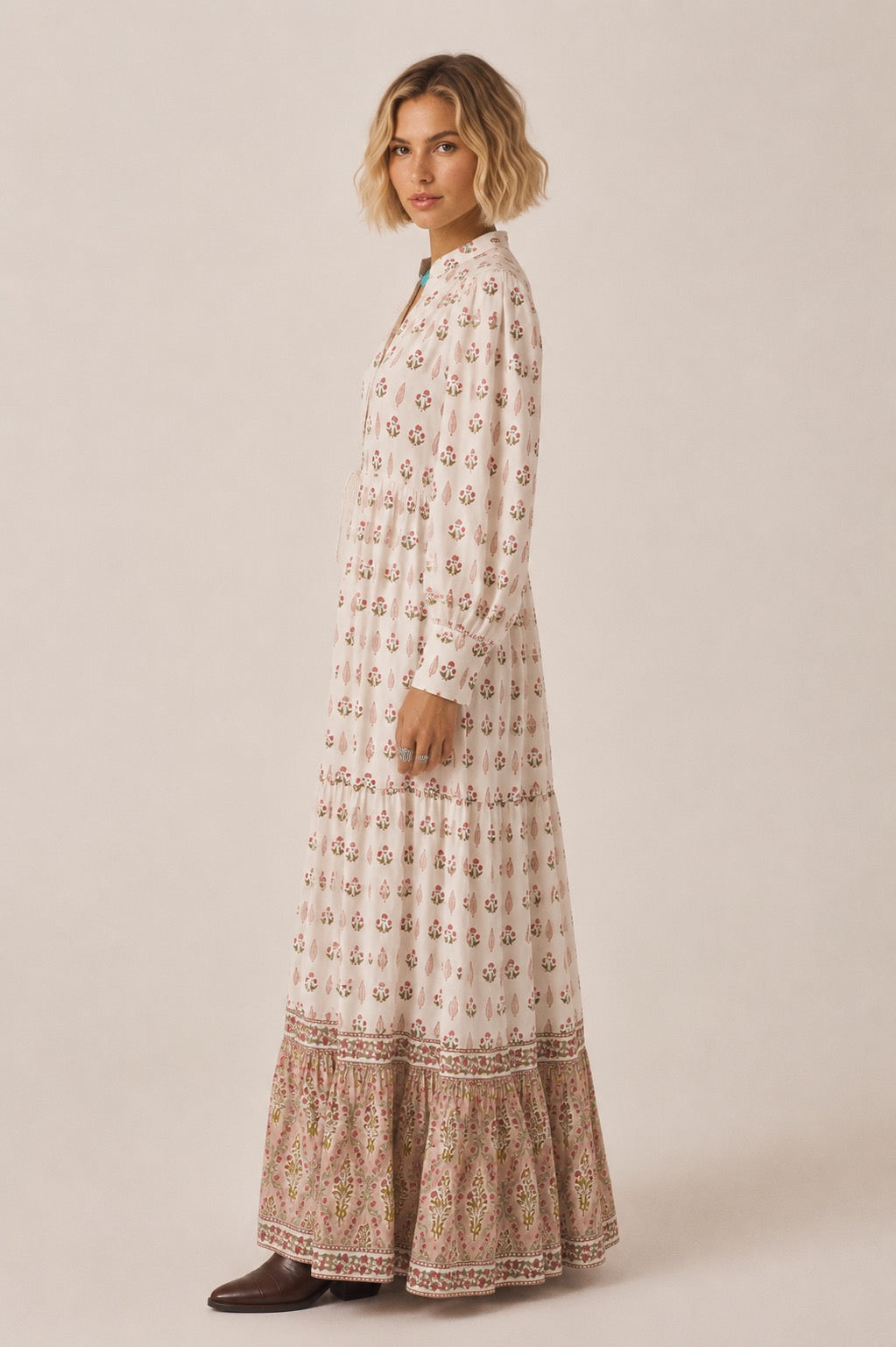 Lalita Cream Woodblock print maxi dress 100% cotton, side pockets and border print hem