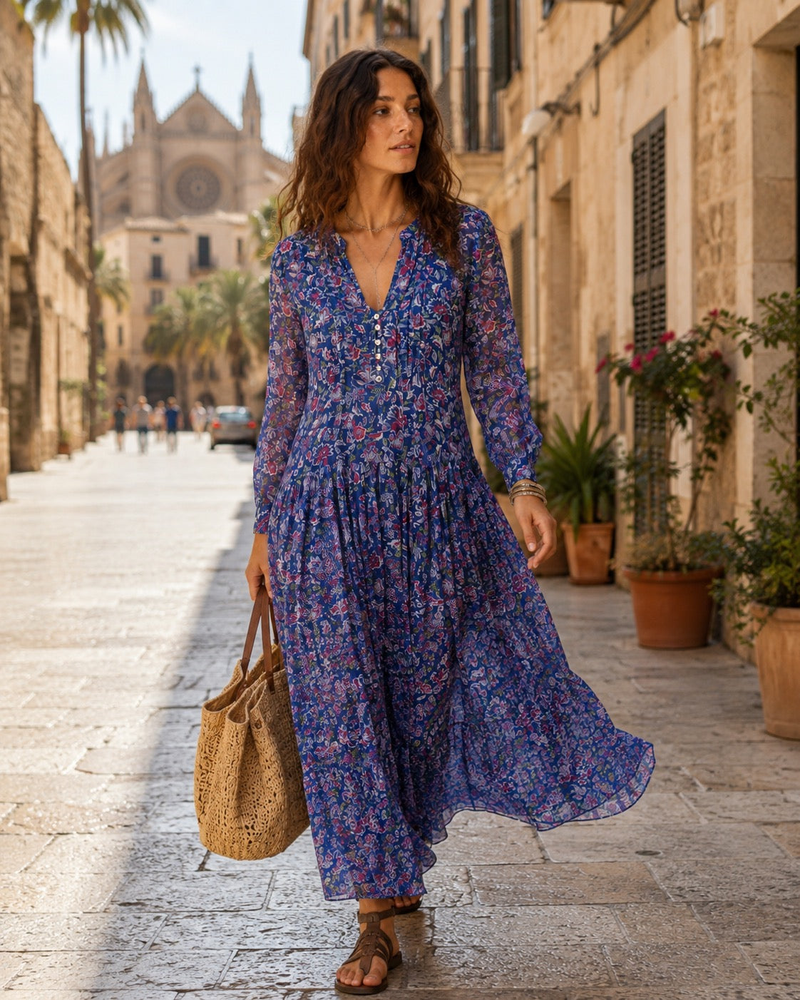 Inky blue cotton / silk mix maxi dress and separate under vest. With side pockets. Beautiful breathable fabric.