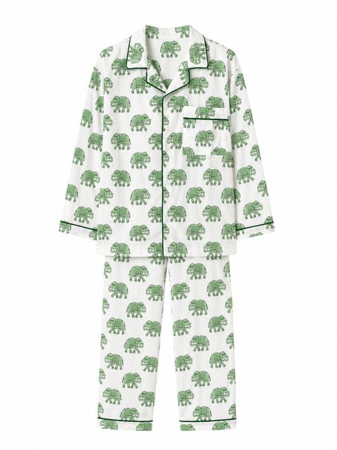 Kids Elephant print pyjamas in woodblock print cotton voile. Available in pink, blue & Green