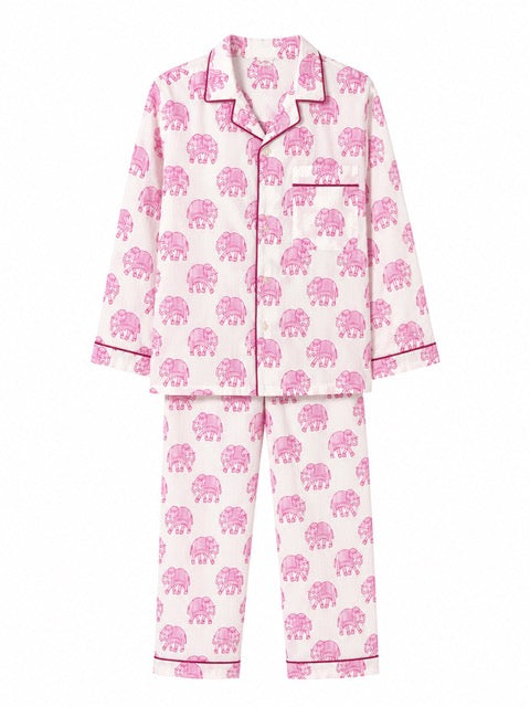 Kids Elephant print pyjamas in woodblock print cotton voile. Available in pink, blue & Green
