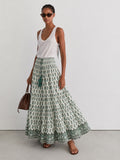 Woodblock green printed cotton voile maxi skirt with border print.