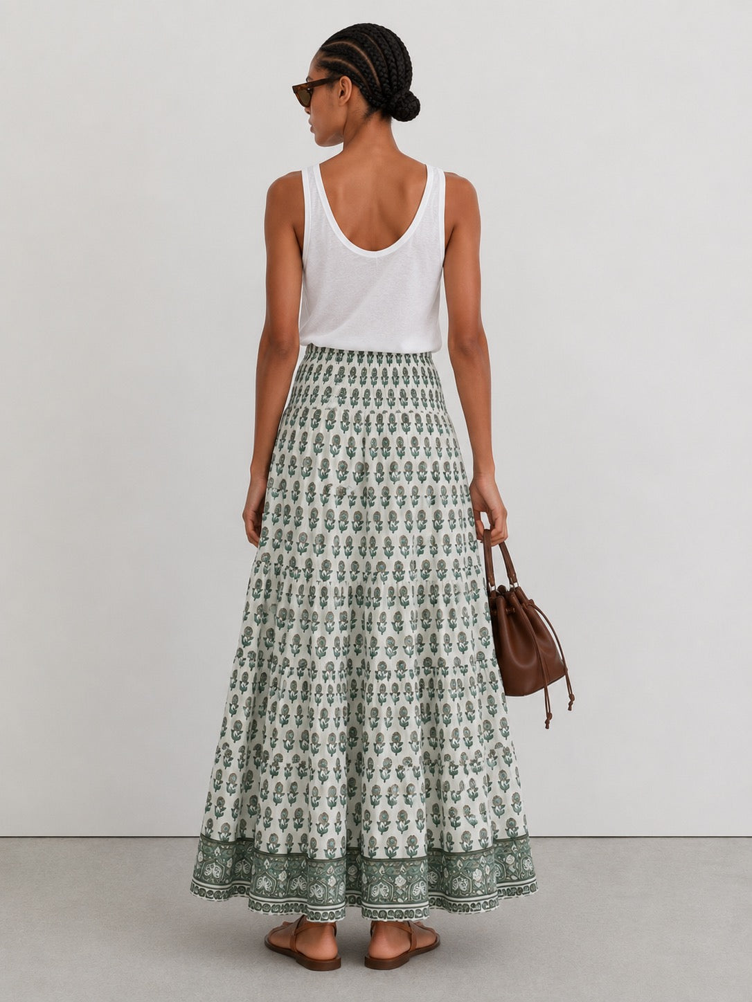 Woodblock green printed cotton voile maxi skirt with border print.
