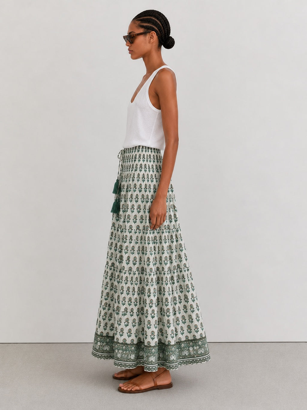 Woodblock green printed cotton voile maxi skirt with border print.