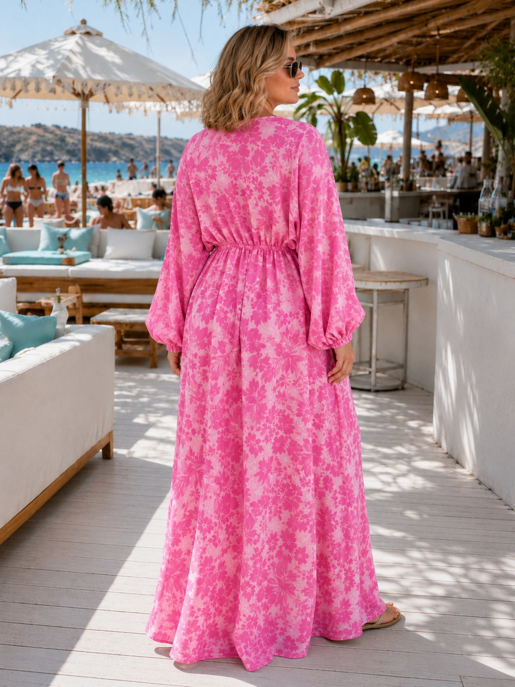 Caz Kaftan long in Fusia, leaf print with hand embellishment