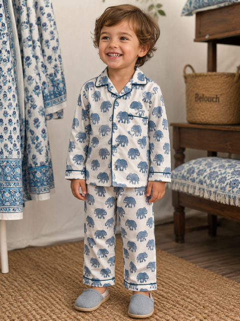 Kids Elephant print pyjamas in woodblock print cotton voile. Available in pink, blue & Green
