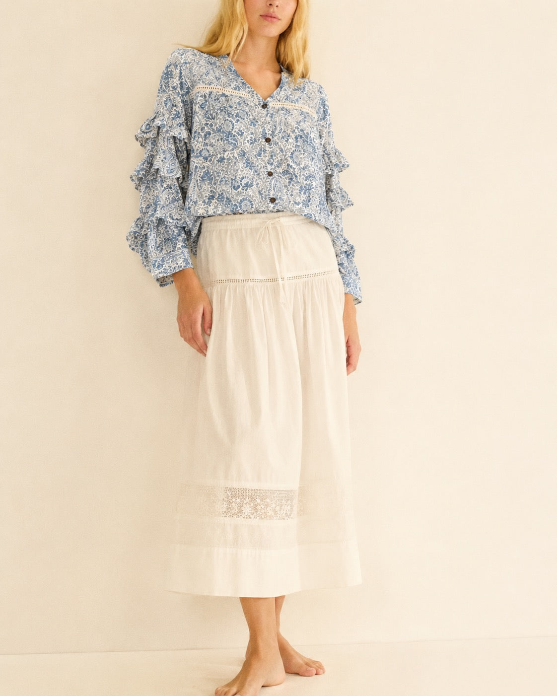 Liberty Woodblock printed frill sleeve blouse in blue paisley floral
