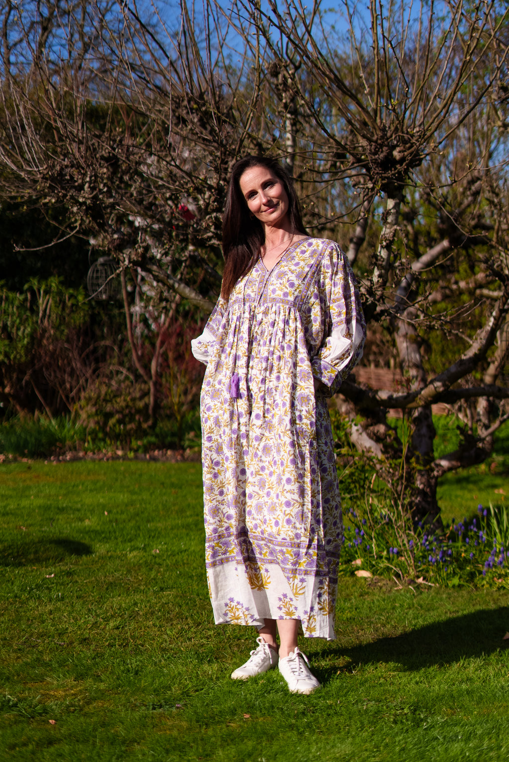 Amelia San Floral Lilac Floaty sleeve woodblock print with flowers, maxi dress