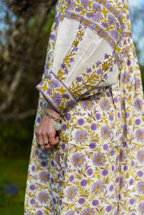 Amelia San Floral Lilac Floaty sleeve woodblock print with flowers, maxi dress
